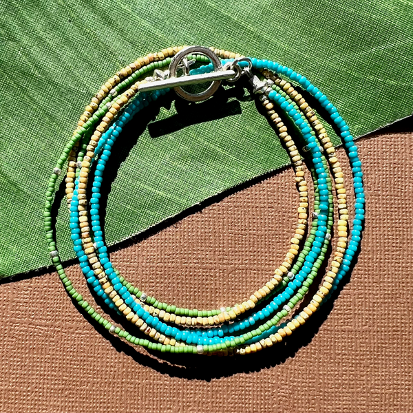 Green Blue Yellow 3 Strand Seed Bead Necklace
