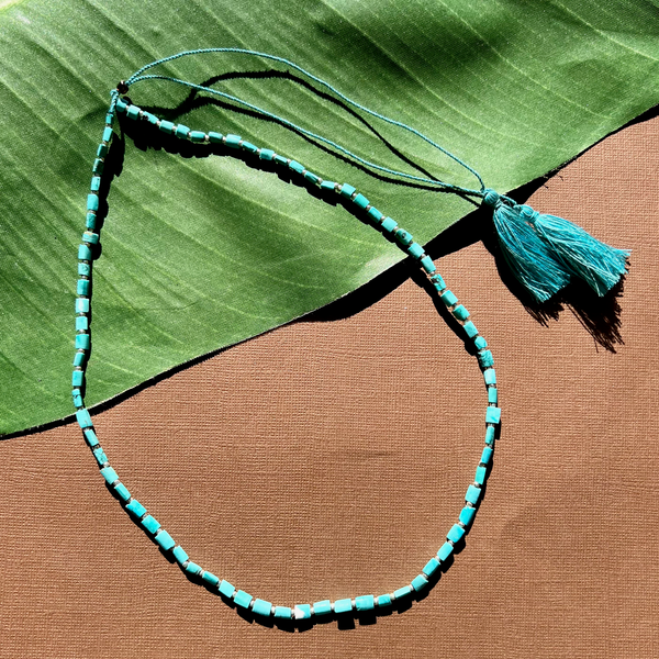 Turquoise Organic Chiclet Tassel Necklace