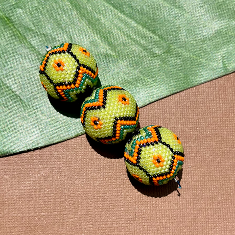 Green, Orange, Black Beaded Beads  - 3 Pieces