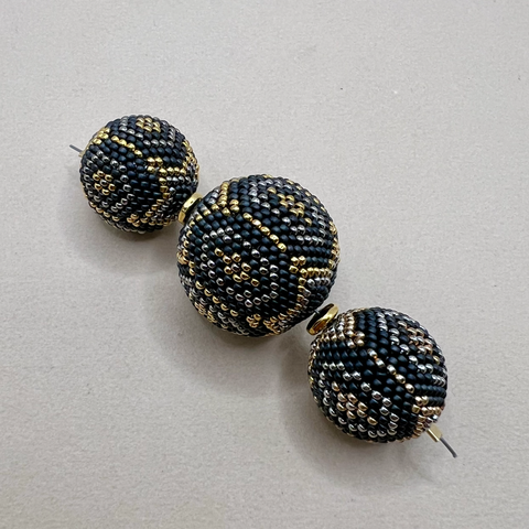 Matte Gray, Gold, Silver Beaded Beads  - 3 Pieces