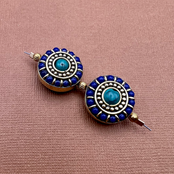 Tibetan Brass & Stone Disc Beads - 2 Pieces