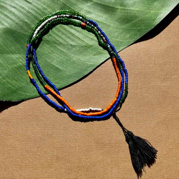 African Seed Bead Long Necklace - Green, Blue, Orange