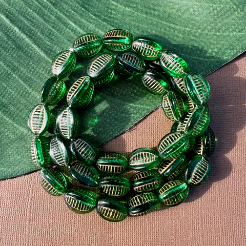 Green & Gold 3 Sided Beads - 40 Pieces
