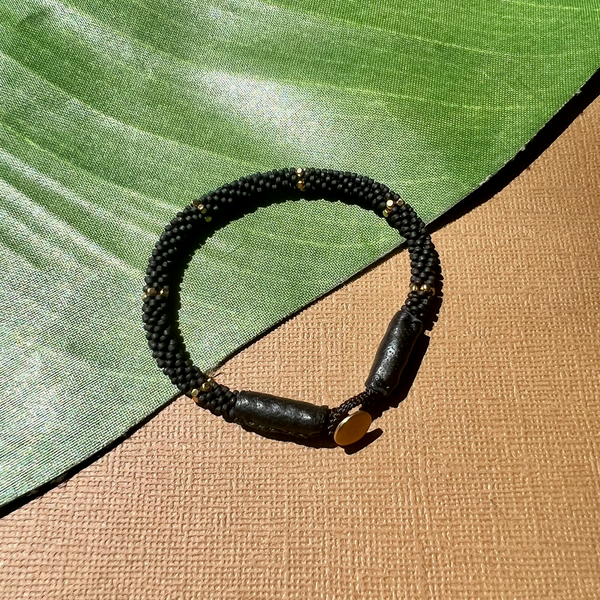 Black Coffee Leather Cap Beaded Bangle Bracelet
