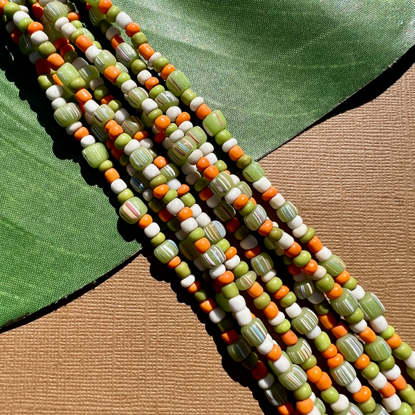 Green & Orange Indonesian Glass Long Necklaces