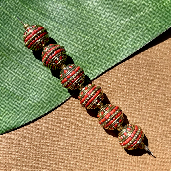 Tibetan Brass & Stone Round Beads - 6 Pieces