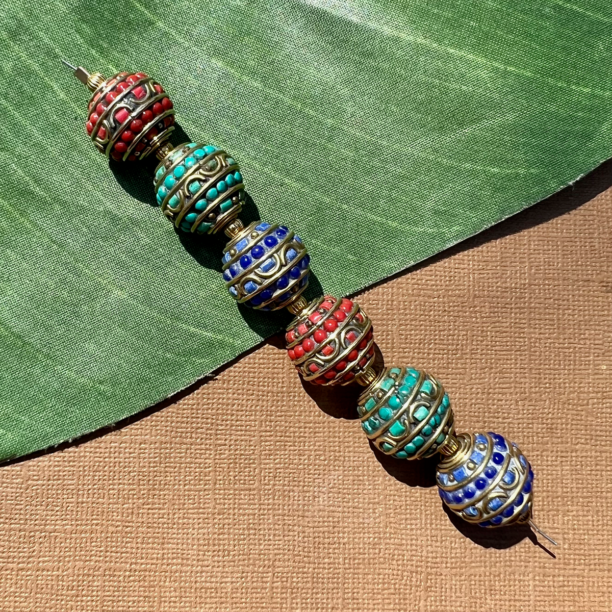 Tibetan Brass & Stone Round Half Moon Beads - 6 Pieces