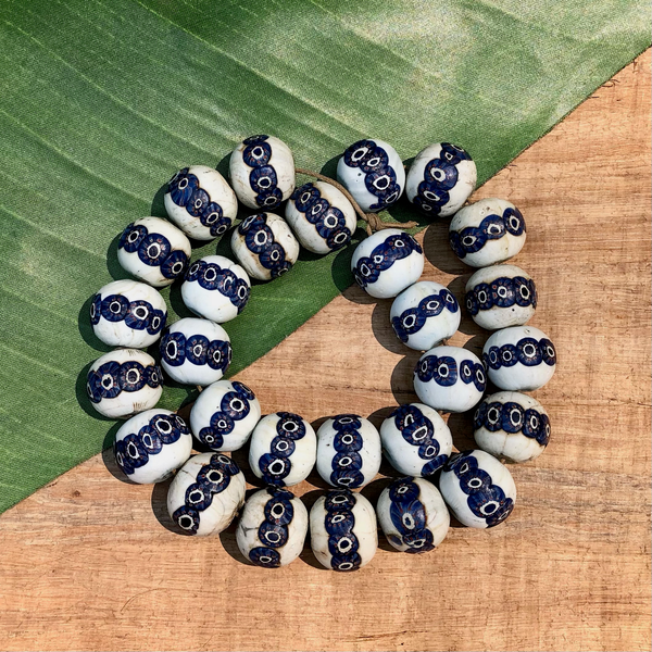 White & Blue Javanese Glass Beads - 5 Pieces