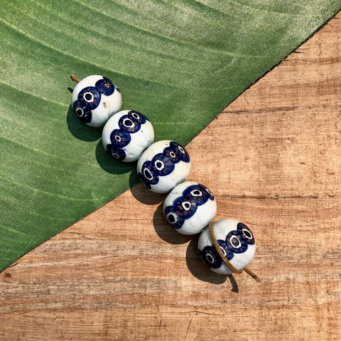 White & Blue Javanese Glass Beads - 5 Pieces
