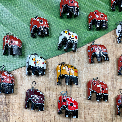 Painted Wood Elephant Pendants - 10 Pieces