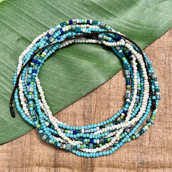 Blue & White Indonesian Glass Triple Long Necklaces