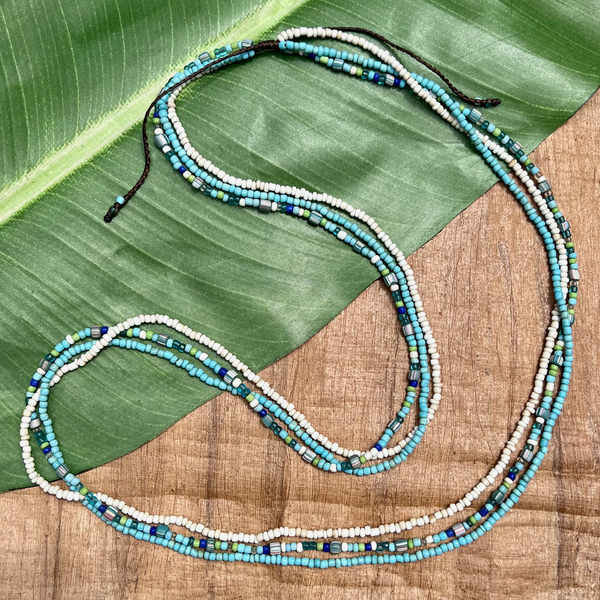 Blue & White Indonesian Glass Triple Long Necklaces