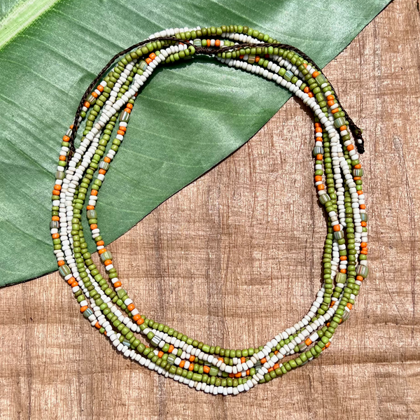 Green Indonesian Glass Triple Long Necklaces