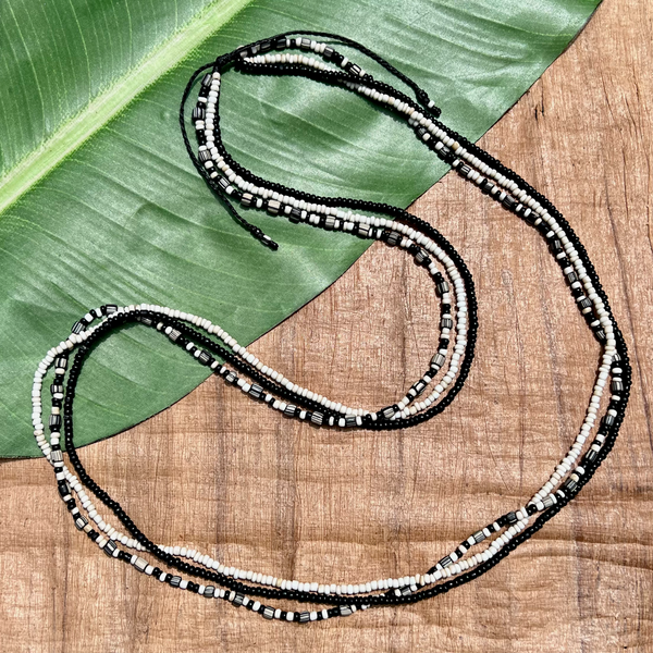 Black & White Indonesian Glass Triple Long Necklaces