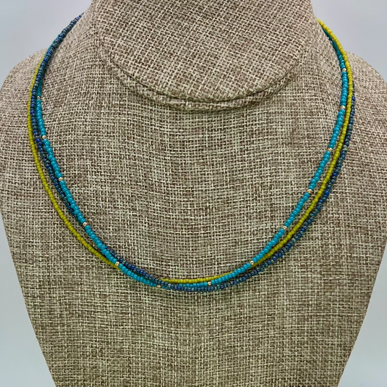 Blues & Green 3 Strand Seed Bead Necklace