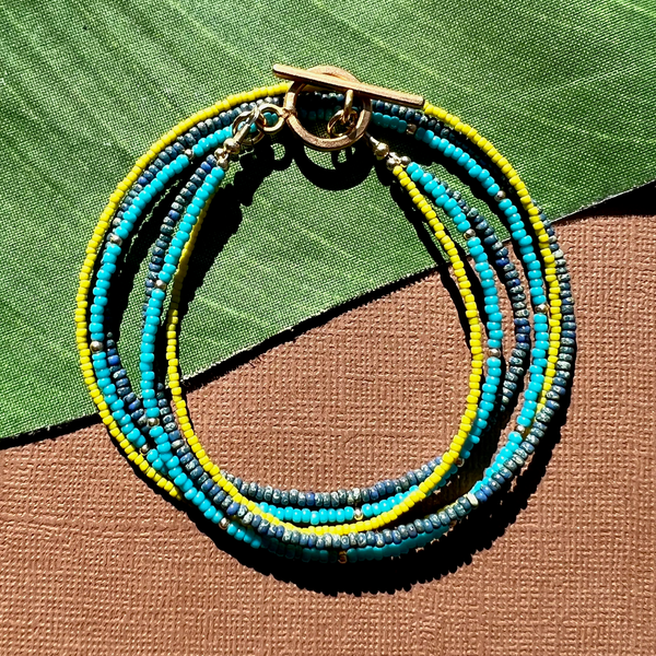 Blues & Green 3 Strand Seed Bead Necklace