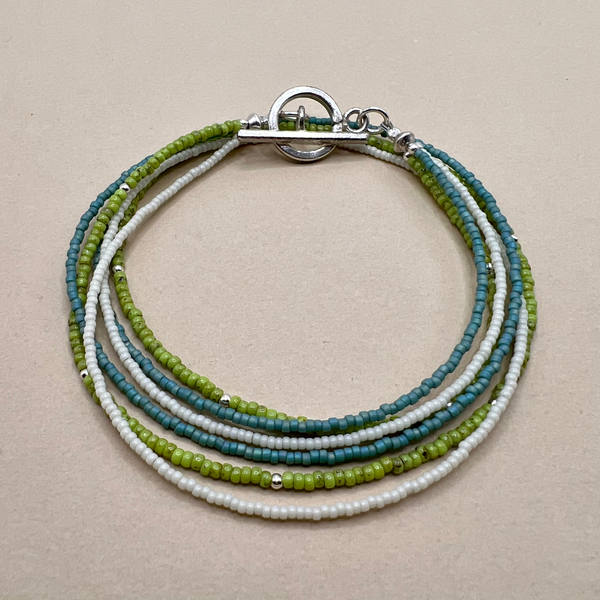 Blue Green Cream 3 Strand Seed Bead Necklace