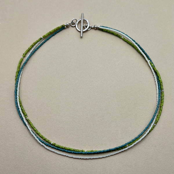 Blue Green Cream 3 Strand Seed Bead Necklace