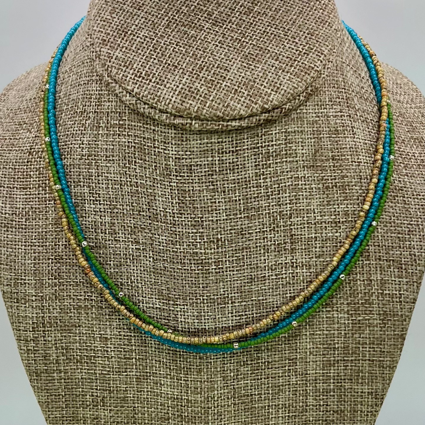 Green Blue Yellow 3 Strand Seed Bead Necklace