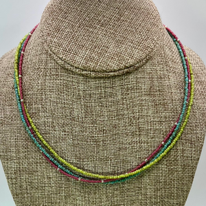 Pink Green Blue 3 Strand Seed Bead Necklace