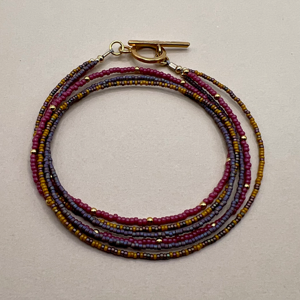 Purple Pink Yellow 3 Strand Seed Bead Necklace