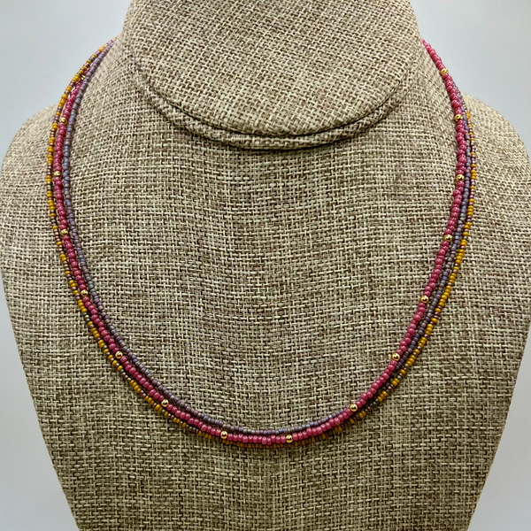 Purple Pink Yellow 3 Strand Seed Bead Necklace