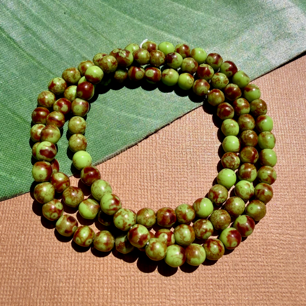 Picasso Green with Brown 6mm Round Beads - 100 Pieces