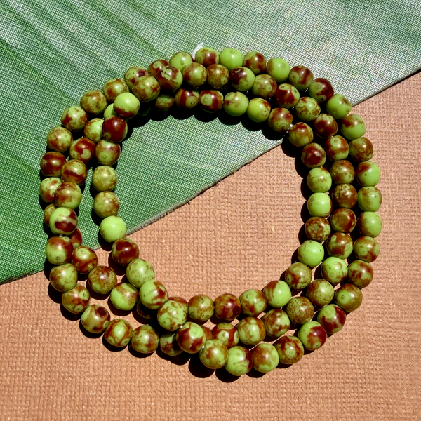 Picasso Green with Brown 6mm Round Beads - 100 Pieces