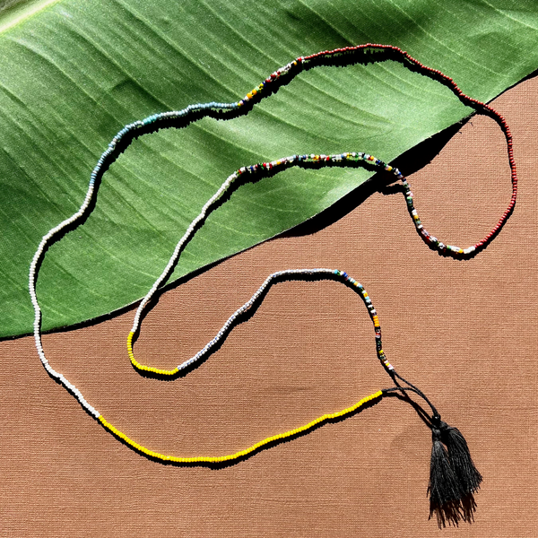 African Seed Bead Long Necklace - Yellow, White, Red