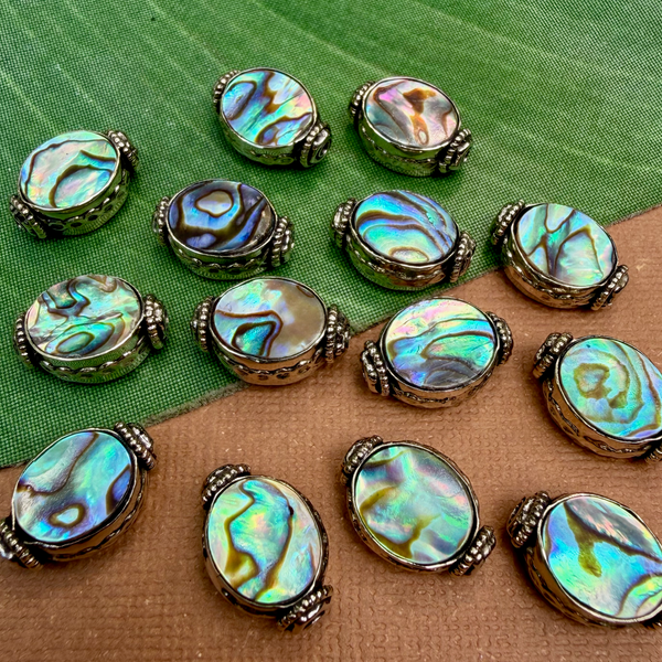 Abalone & White Metal Oval Beads