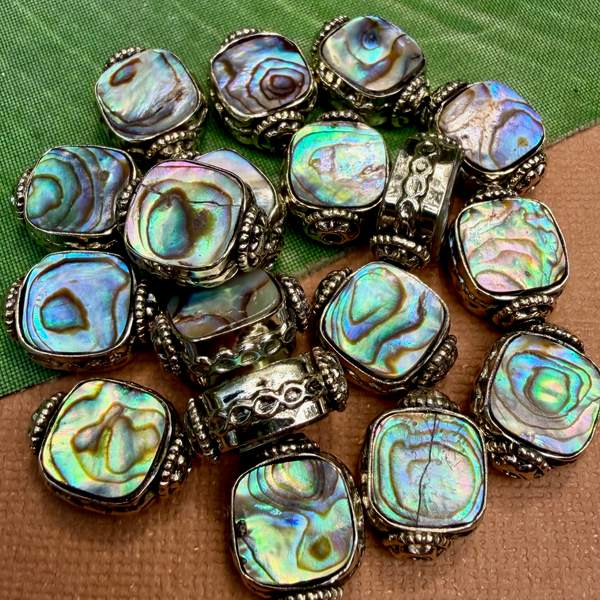Abalone & White Metal Square Beads