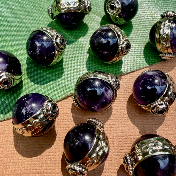 Amethyst & White Metal Round Beads