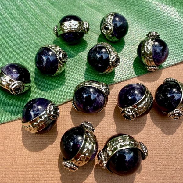 Amethyst & White Metal Round Beads