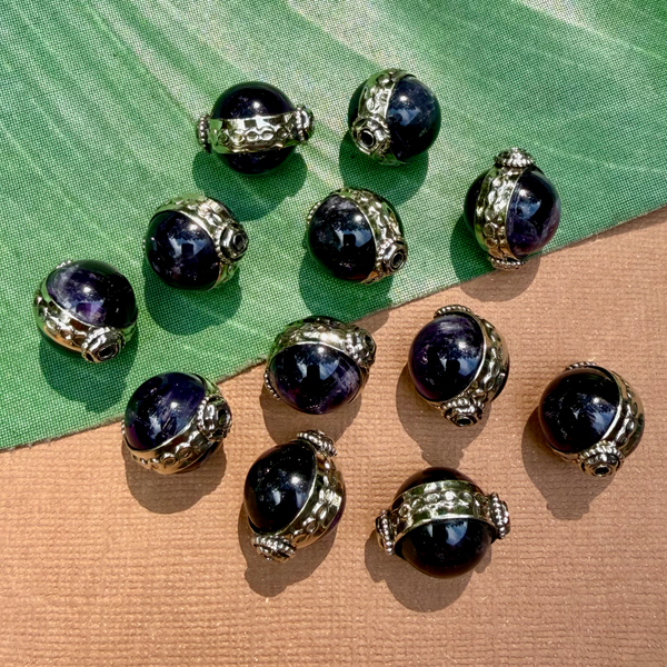 Amethyst & White Metal Round Beads