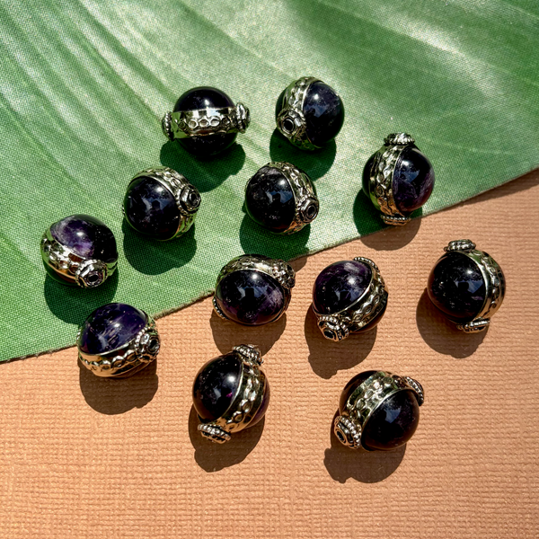 Amethyst & White Metal Round Beads