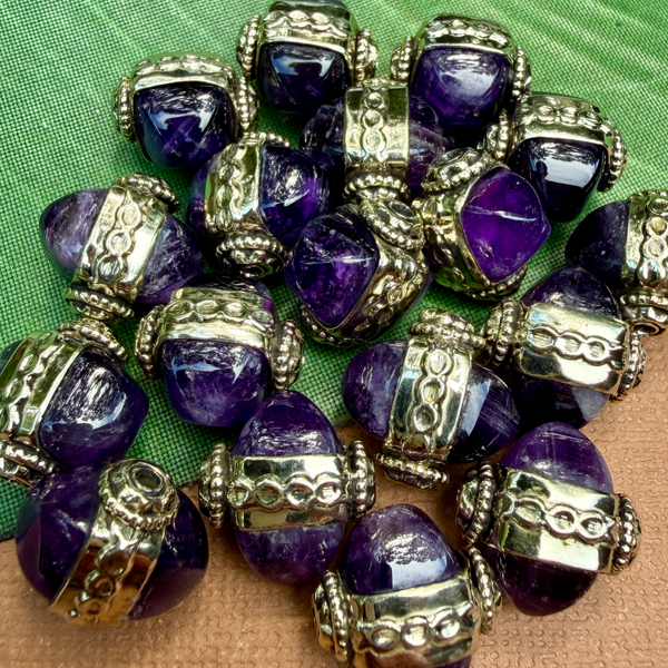 Amethyst & White Metal Dome Beads