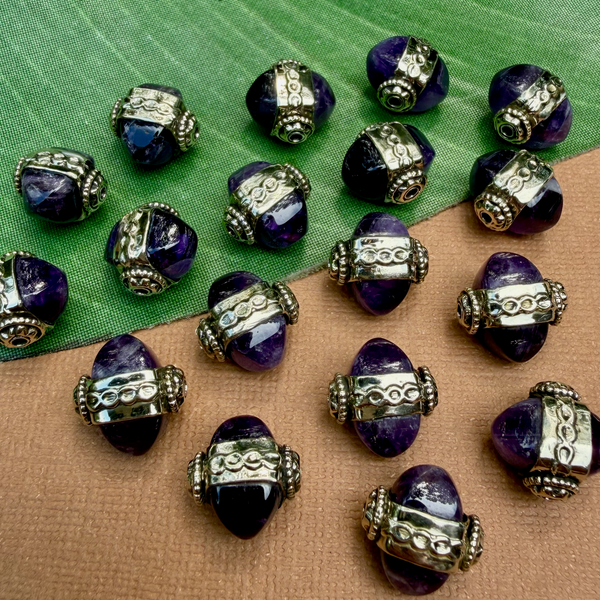 Amethyst & White Metal Dome Beads