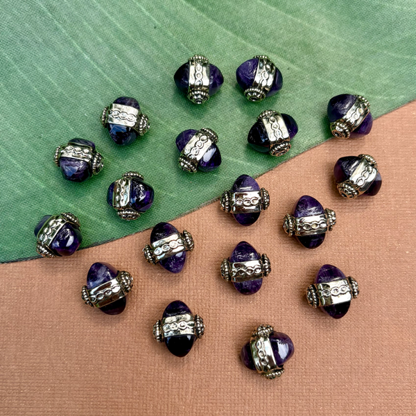 Amethyst & White Metal Dome Beads