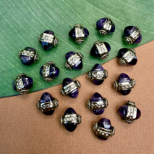 Amethyst & White Metal Dome Beads