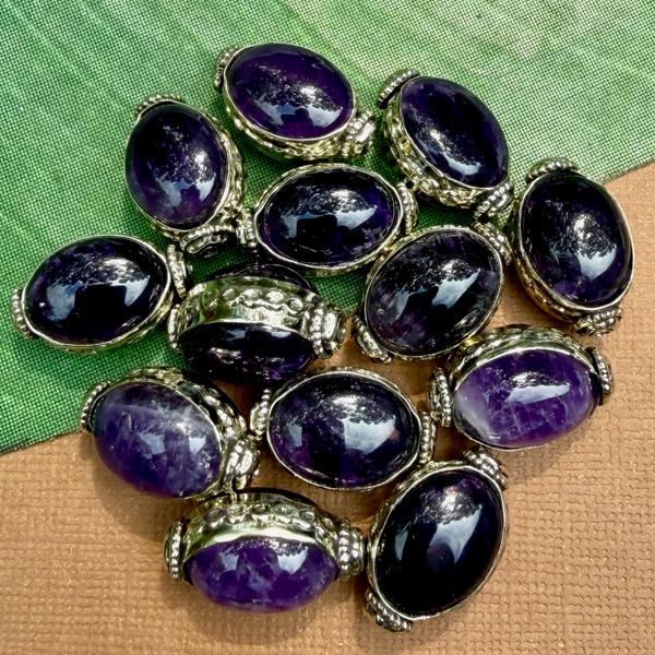 Amethyst & White Metal Large Oval Beads