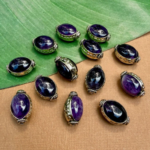 Amethyst & White Metal Large Oval Beads