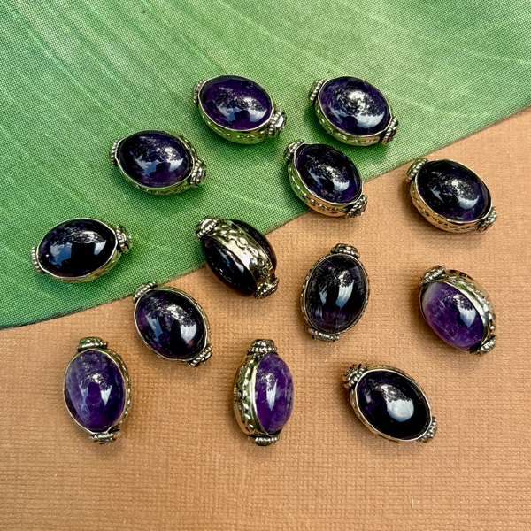 Amethyst & White Metal Large Oval Beads