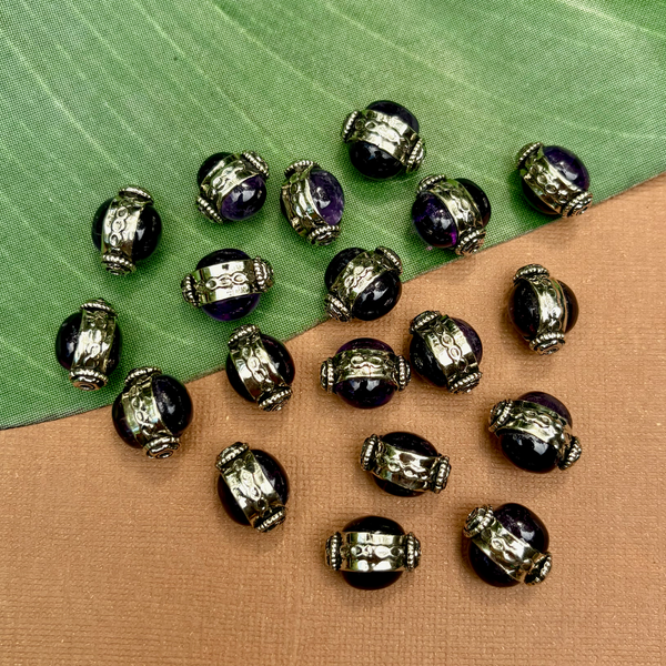 Amethyst & White Metal Oval Beads