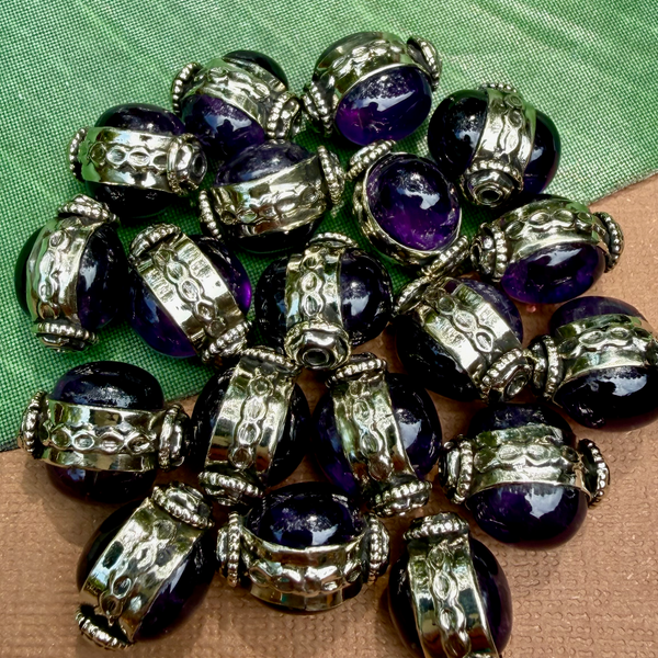 Amethyst & White Metal Oval Beads