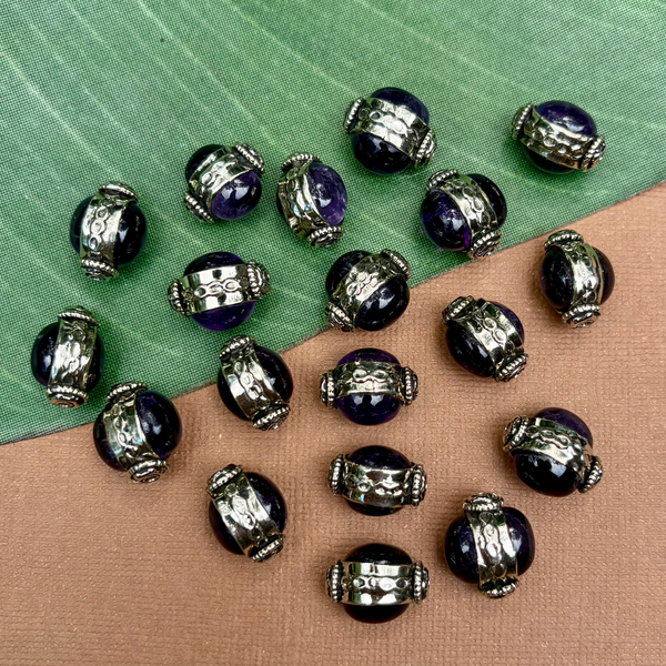 Amethyst & White Metal Oval Beads