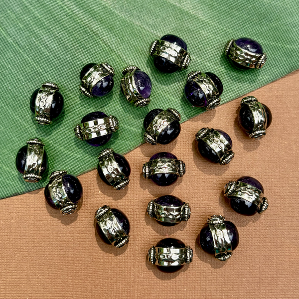 Amethyst & White Metal Oval Beads