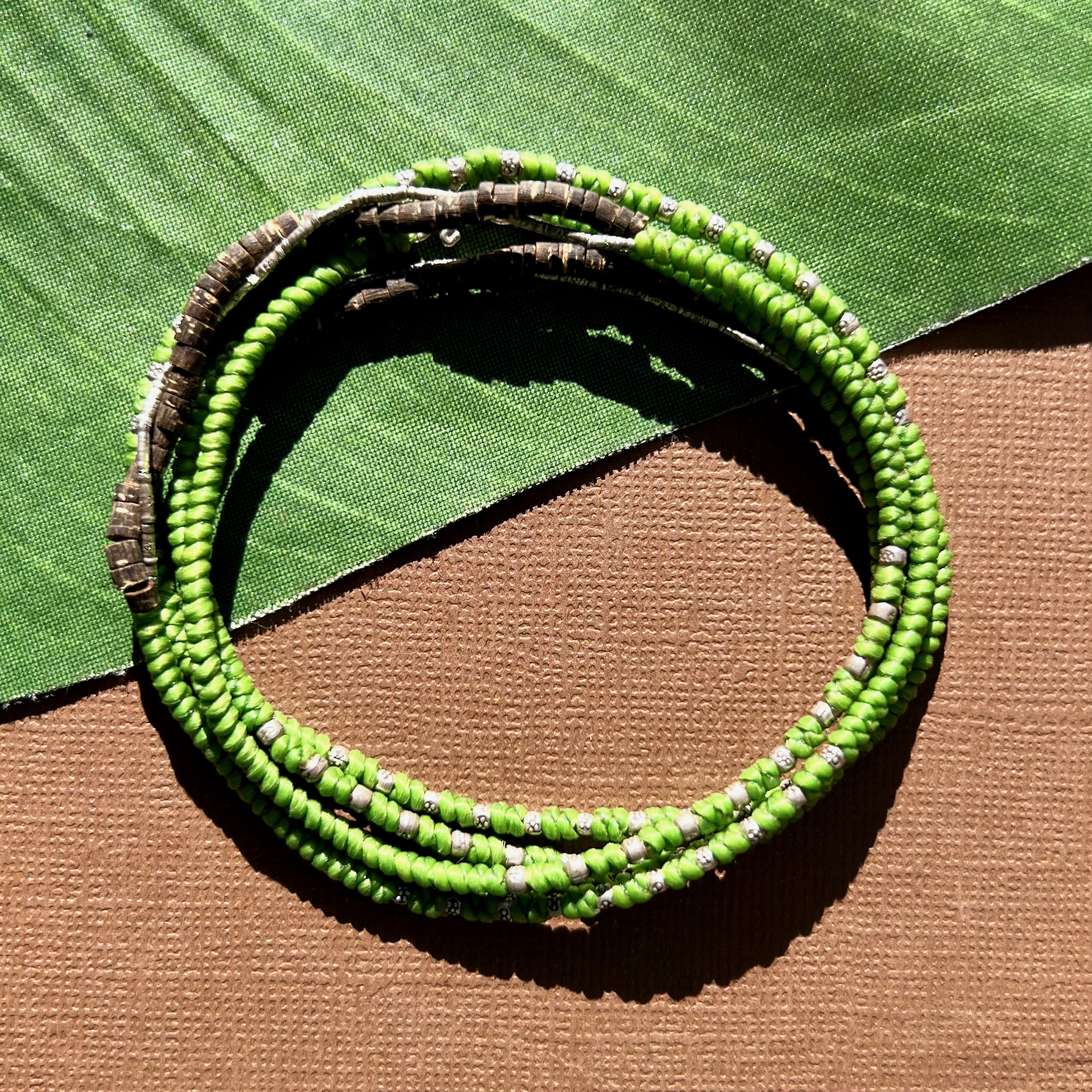 Green Waxed Linen Wrap Bracelet/Necklace with Hill Tribe Silver