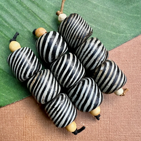 Black Striped Rondelle Glass Beads - 3 Pieces