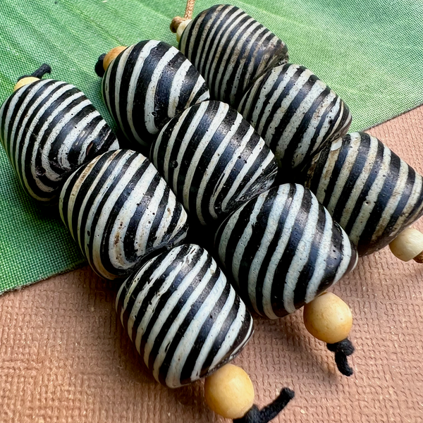 Black Striped Rondelle Glass Beads - 3 Pieces
