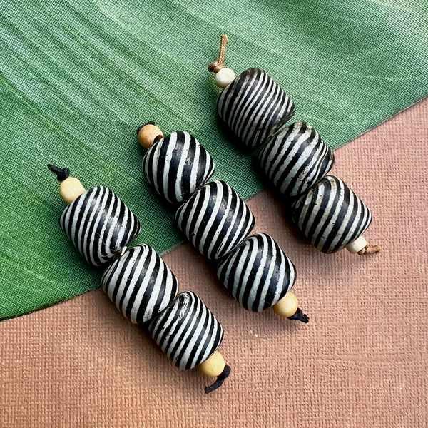 Black Striped Rondelle Glass Beads - 3 Pieces